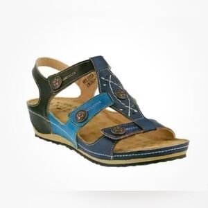 L'Artiste by Spring Step Melissa Wedge Navy Multi Leather Strappy Sandal Size 8